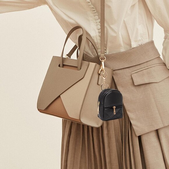 Women's Mini Tan Zipper Pouch Leather Cute Cosmetic Key Chains Keyrings Bag - Picture 6 of 8